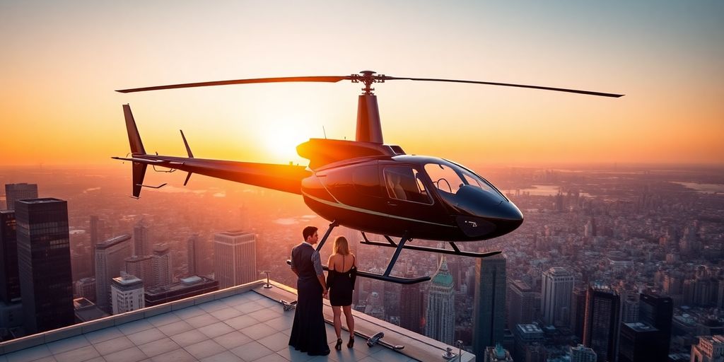 A sleek black helicopter on a city rooftop helipad.