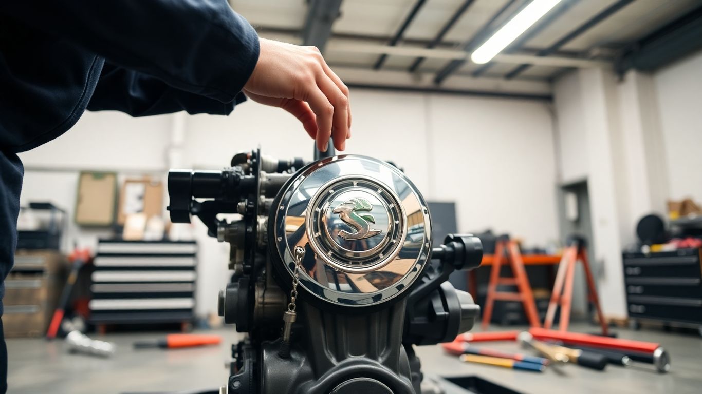 Mechanic assembling a Skoda car engine part in a garage.