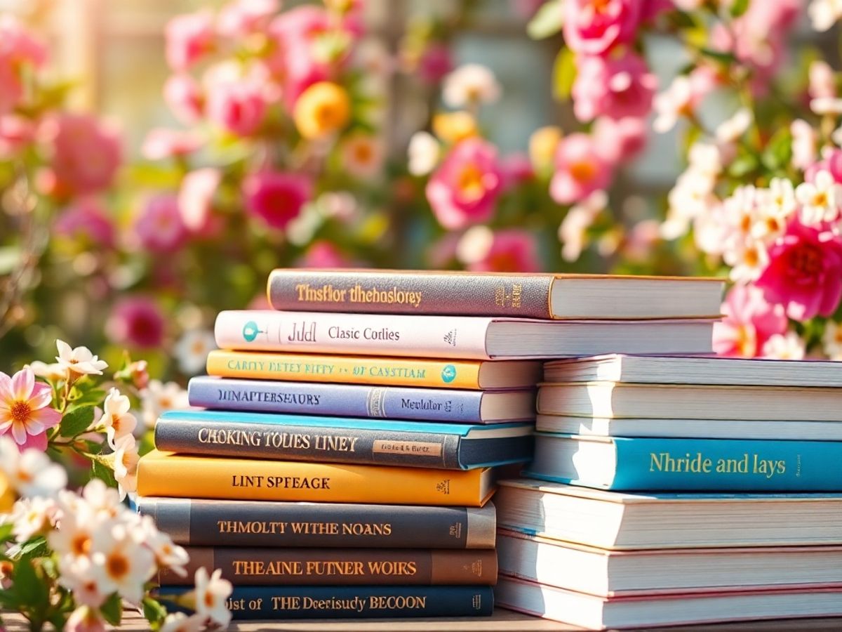 Colorful book stack with flowers and natural light.