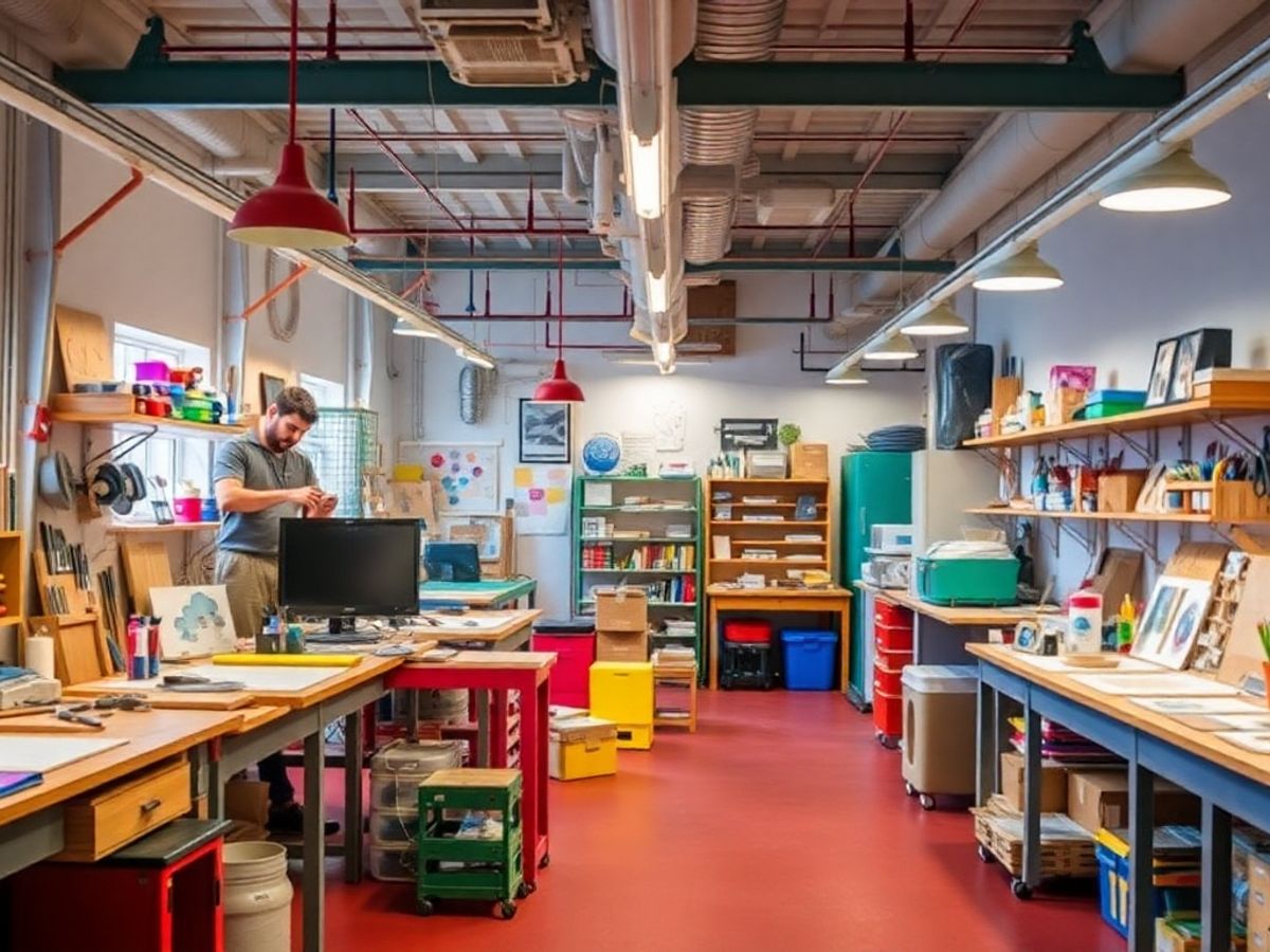 Creative workshop space with colorful tools and materials.