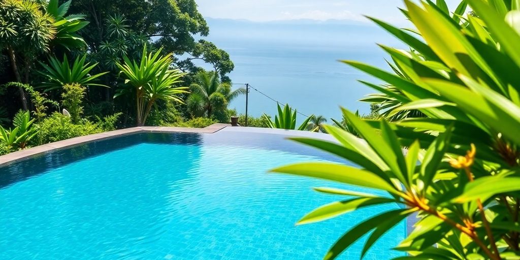 Serene infinity pool overlooking lush Balinese jungle.