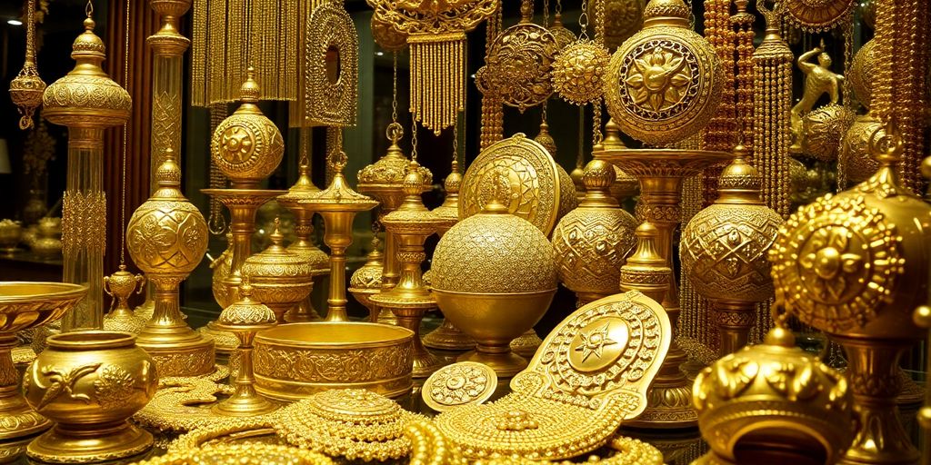 Affichage de bijoux en or des familles royales.