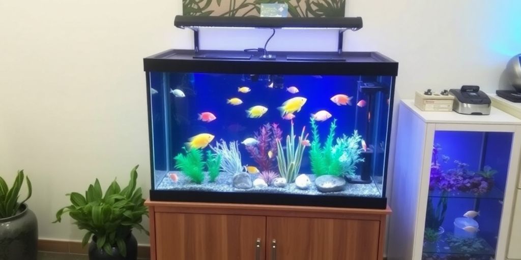 Kit de acuario colorido con peces y plantas.