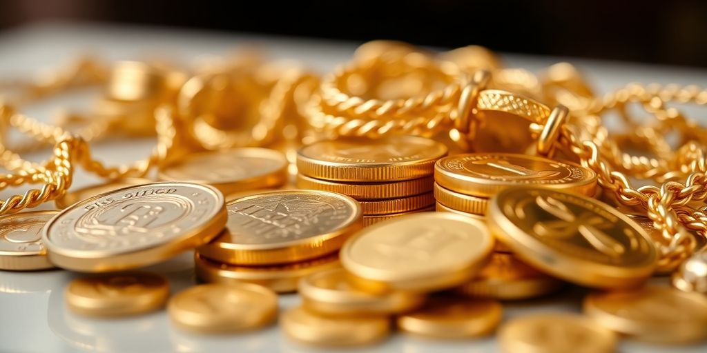 Bijoux et pièces d'or brillants sur fond flou.