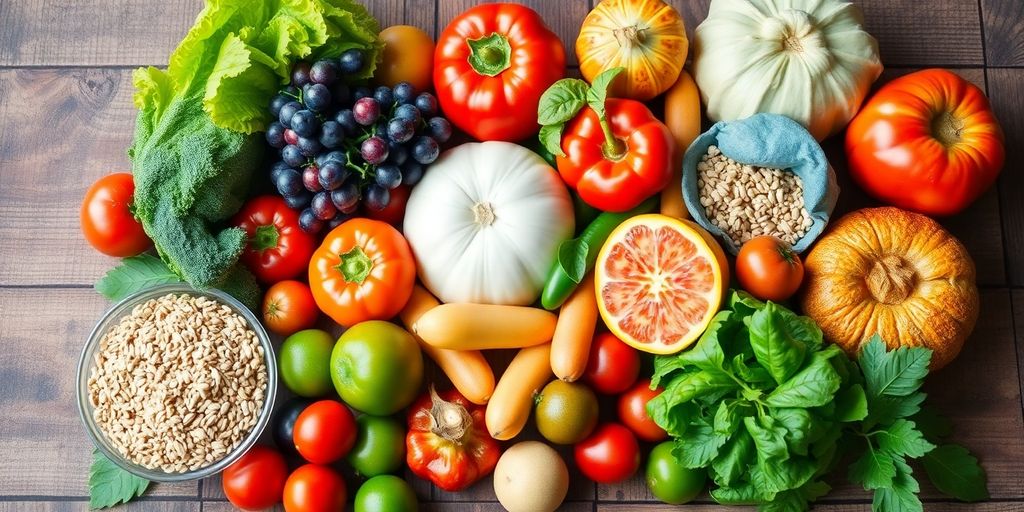 Dieta equilibrada para emagrecer com saúde em 2025 2 Frutas, legumes e grãos em uma mesa de madeira.