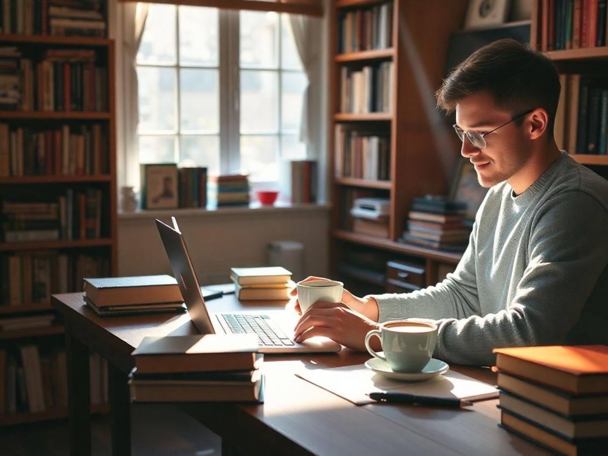 A writer at a desk with books and coffee.