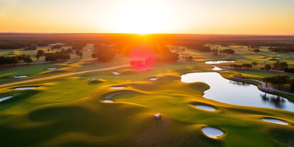 Aerial view of a scenic golf course at sunset.