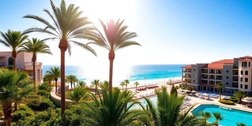 Sunny beach with palm trees and resort buildings.