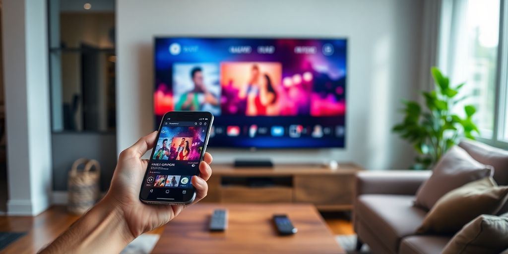 غرفة جلوس مع تلفاز وجهاز تحكم عن بعد وهاتف