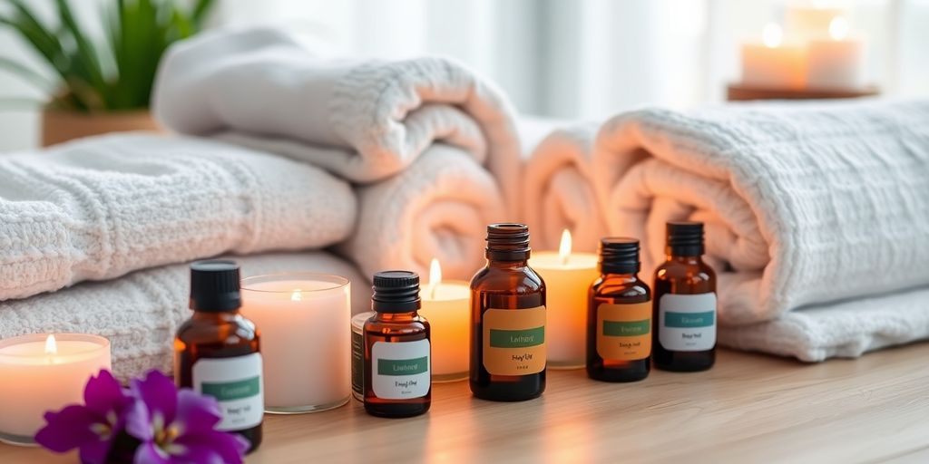 Relaxing self-care items including candles and essential oils.
