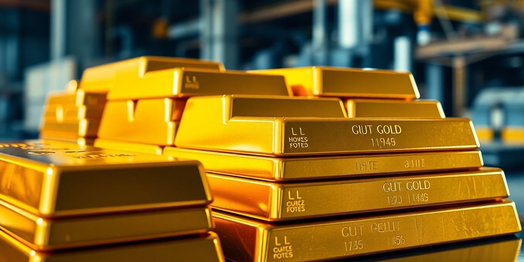 Barres d'or avec un fond industriel flou.