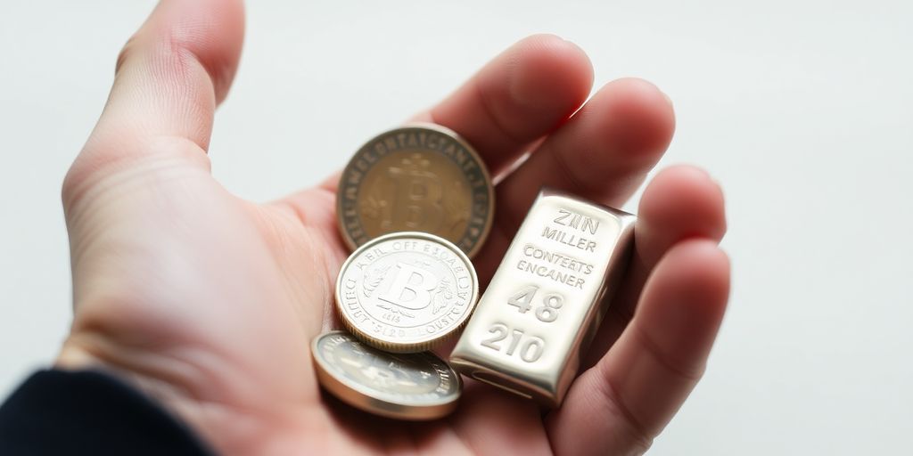 Une personne tenant des pièces et des lingots d'argent.