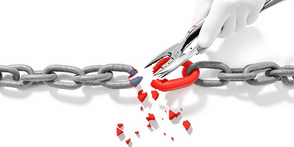 Hand cutting a red broken chain link with metal pliers.
