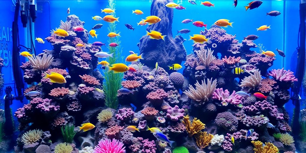色彩斑斓的盐水水族馆，里面有鱼和珊瑚。