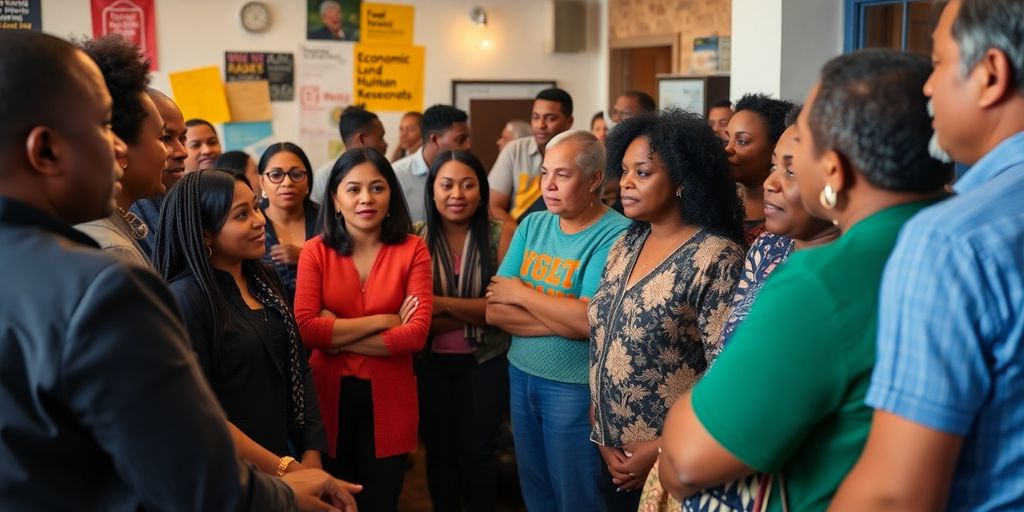 Grupo diverso discutindo justiça econômica e direitos humanos.