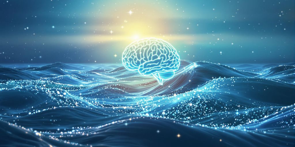 Glowing brain with theta waves in calming colors.