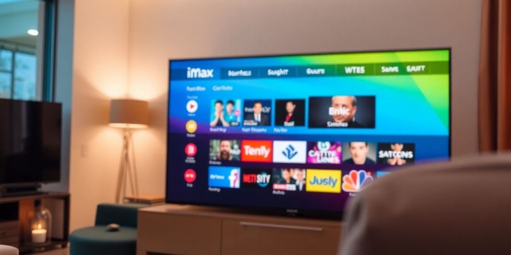 Smart TV with iMax IPTV interface in a cozy setting.
