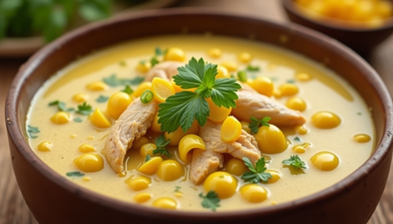 Creamy corn and chicken chowder in a rustic bowl.