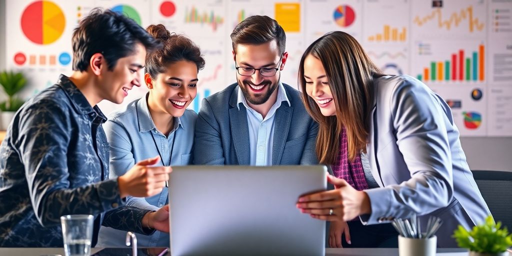 Profissionais colaborando em marketing digital com tecnologia.