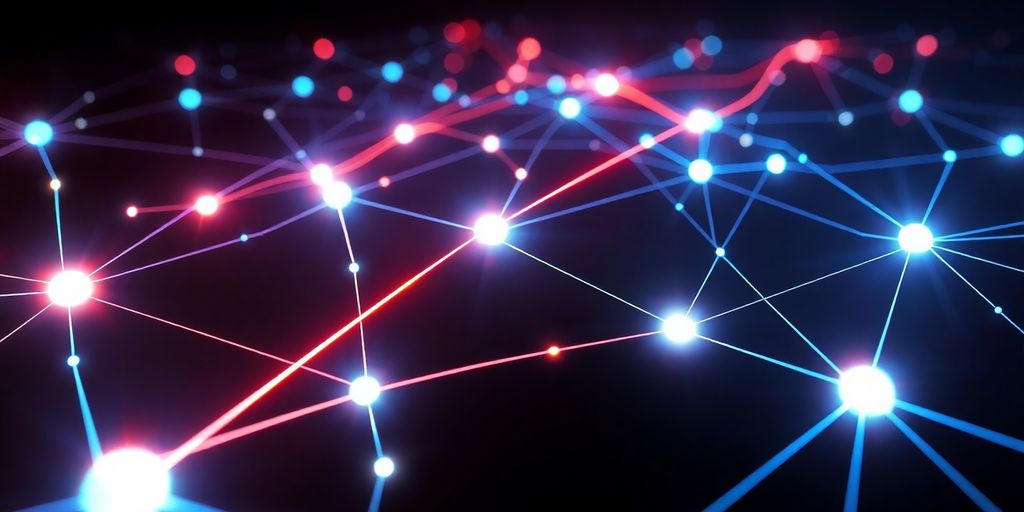 Digital network with glowing lines and nodes.