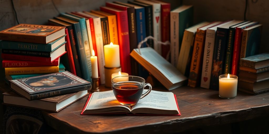 Cozy book setup with tea and colorful books.