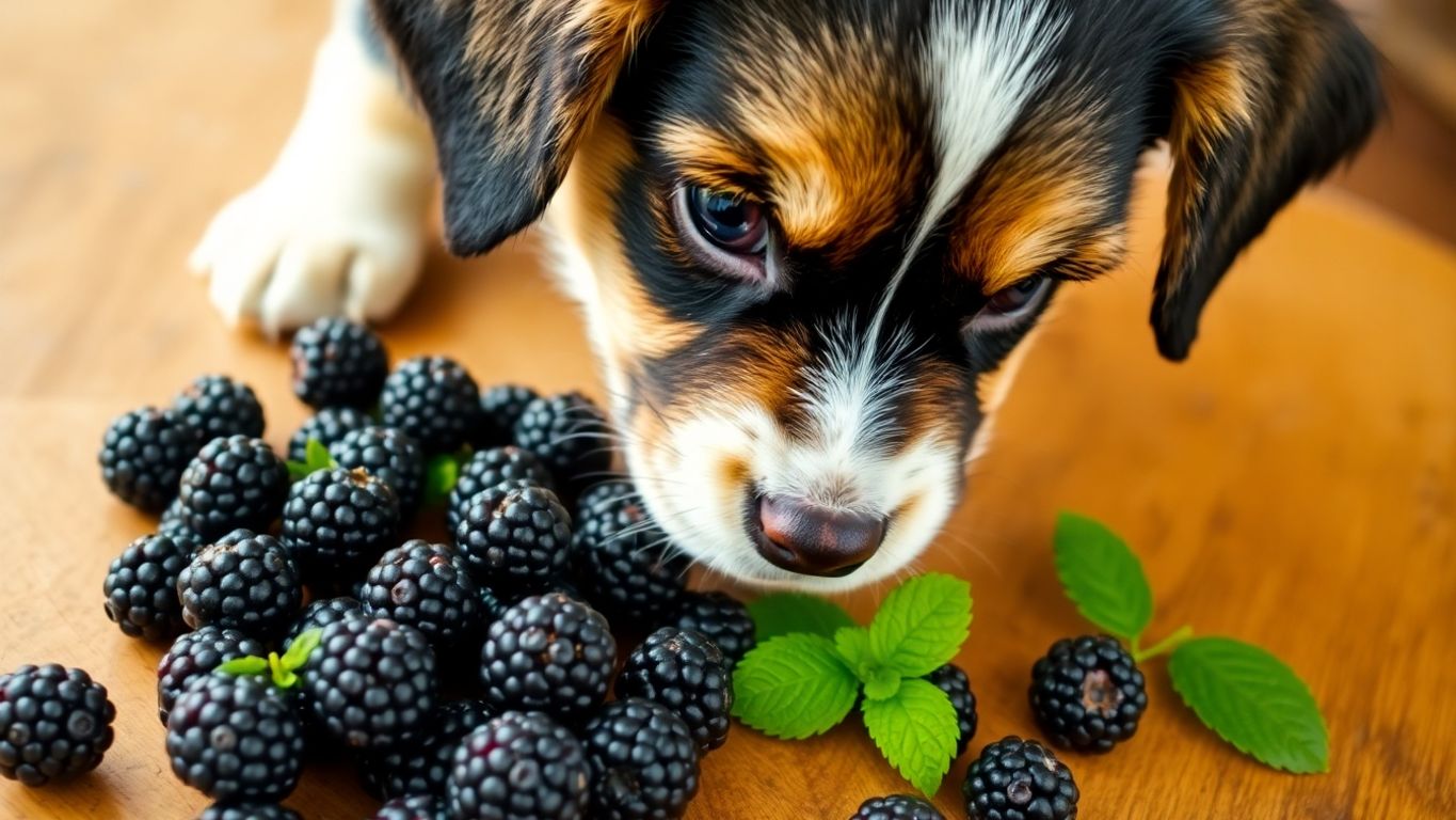 Puppy sniffing fresh blackberries on a wooden table.