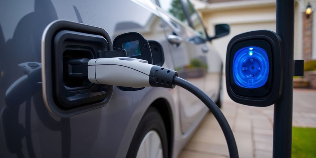 Electric vehicle charging at home with a 240-volt outlet.