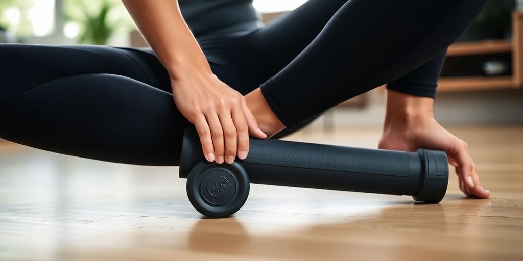 Runner using foam roller on leg.