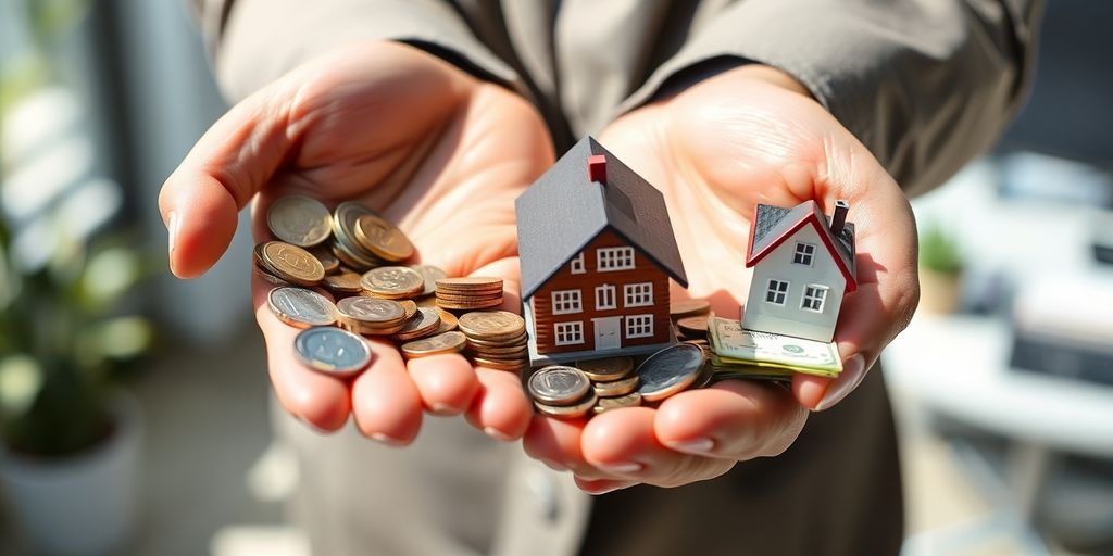 Hands holding diverse financial miniatures.