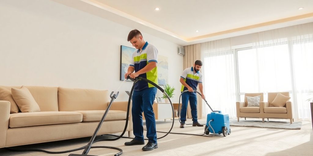 فريق تنظيف بالبخار يعمل في منزل حديث بجدة