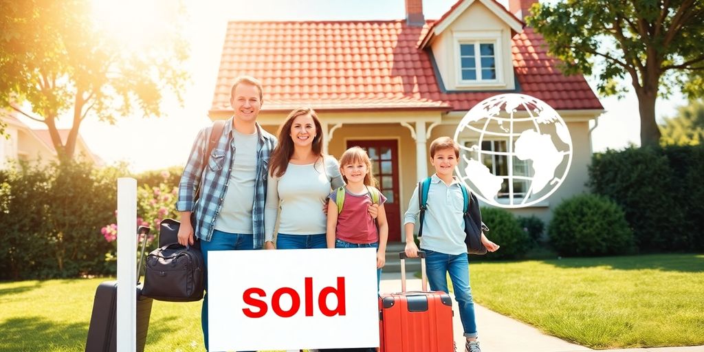 Family waving goodbye to house, holding suitcases.