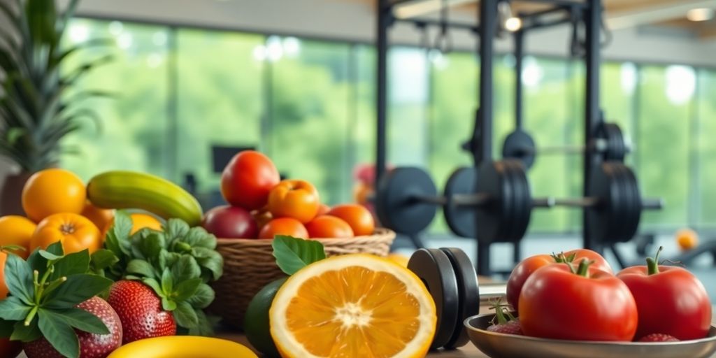 Imagem de estilo de vida saudável com frutas e pesos.