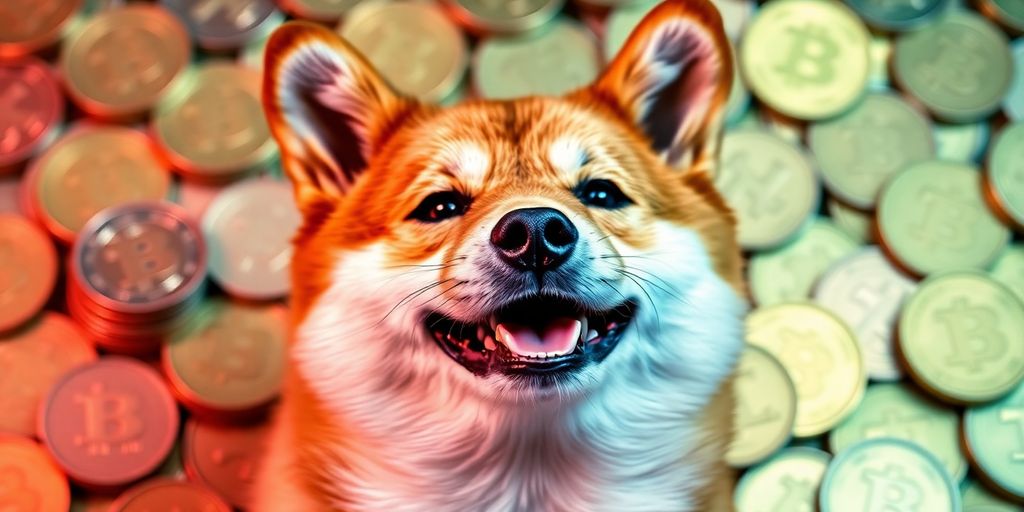 The Crazy Dogecoin History - From Meme to Market Cap Giant! 4 Playful Shiba Inu dog with coins in the background.