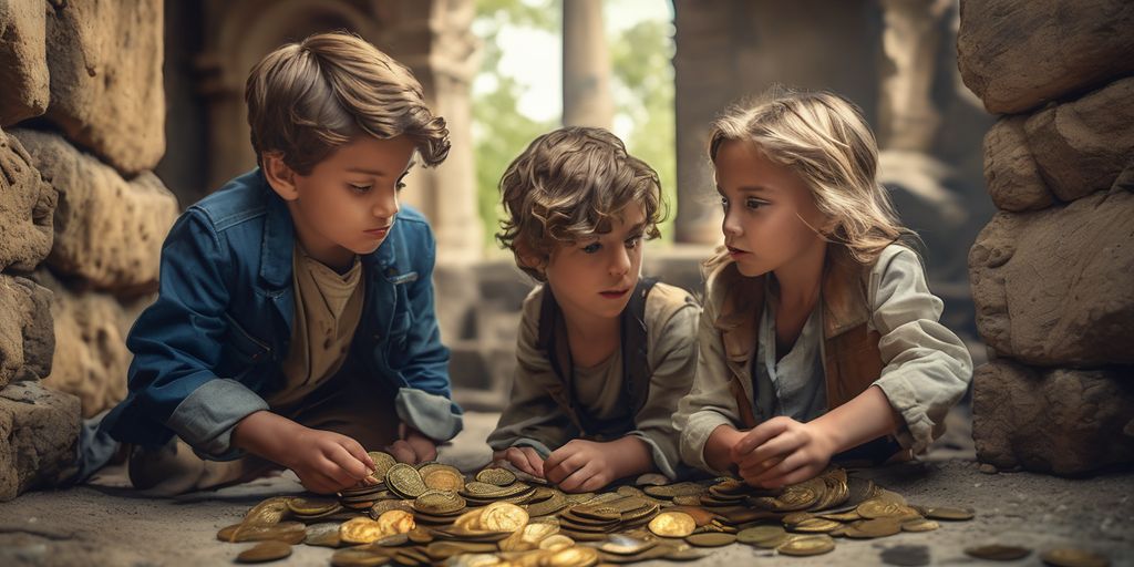 young treasure hunters discovering ancient coins in a historical site