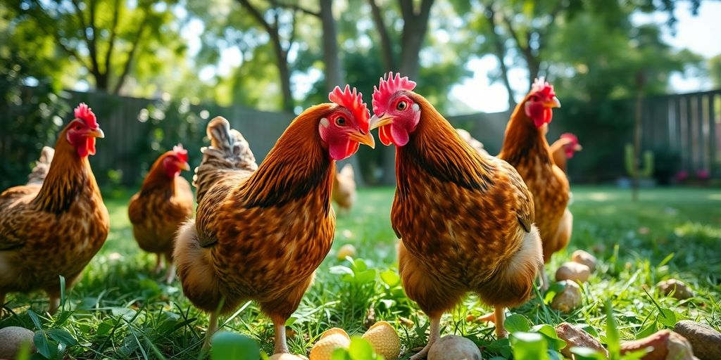 Healthy chickens foraging in a lush green backyard.