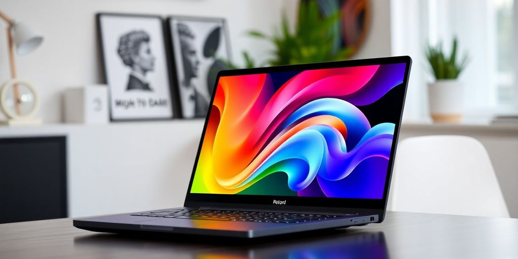 Laptop moderno em ambiente de trabalho elegante.