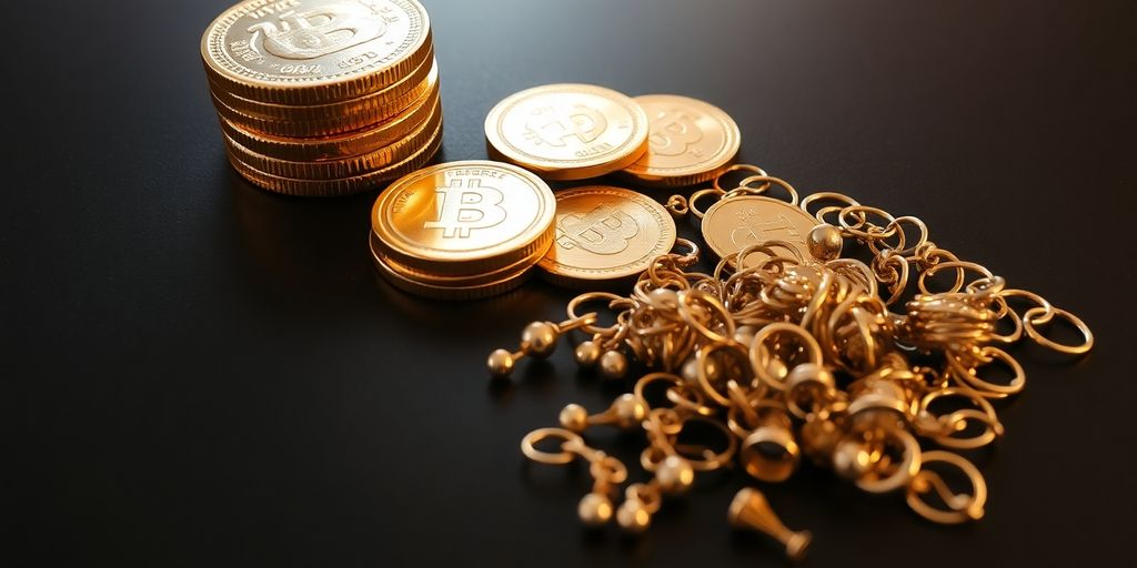 Pièces d'or empilées avec des bijoux cassés