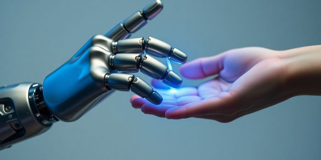 Robot hand interacting with human hand, blue light glow