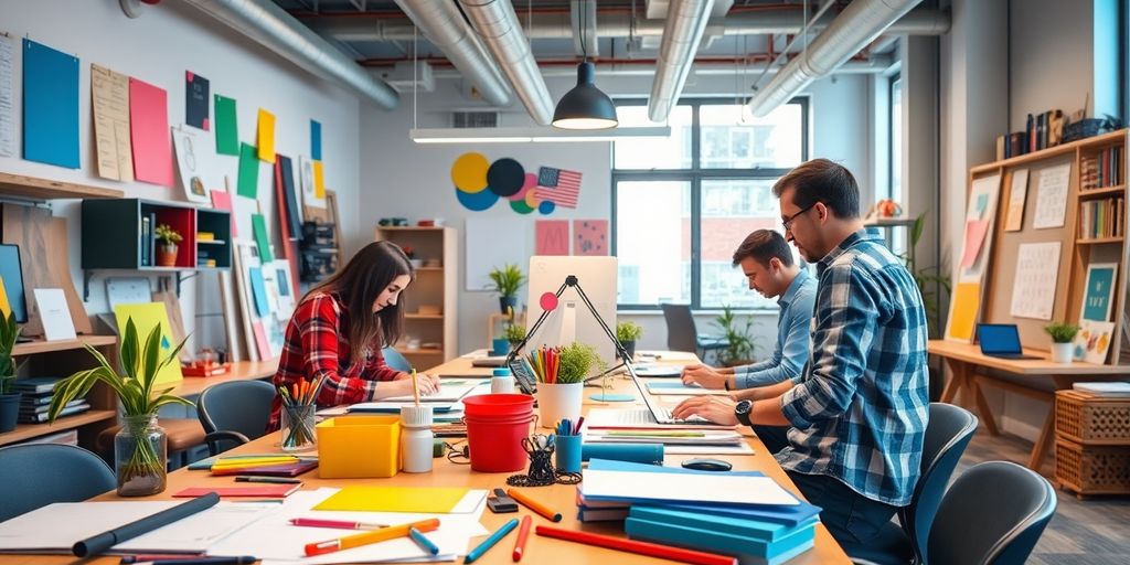 Dynamic design workspace with colorful materials and tools.