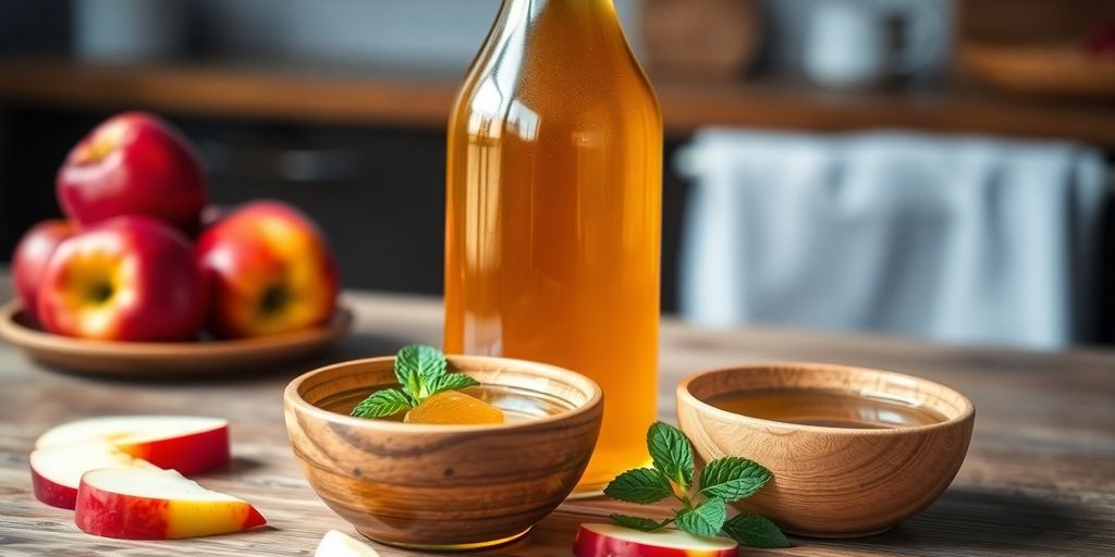 Bottle of apple cider vinegar with apples on wooden table.