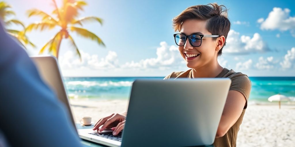 Woman works on laptop with Florida beach view.