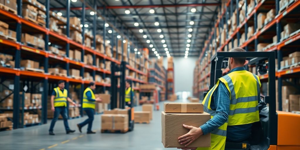 Jobchancen in Produktion und Lager: Einstieg leicht gemacht Arbeiter in Schutzkleidung verpacken Waren in einem Lager.