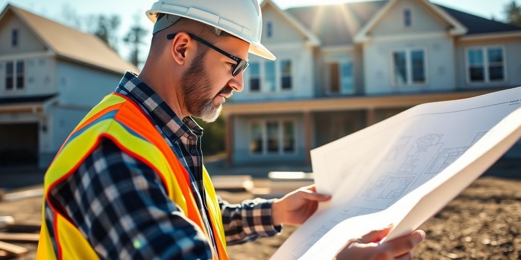 Contractor discusses blueprints with homeowner on job site.
