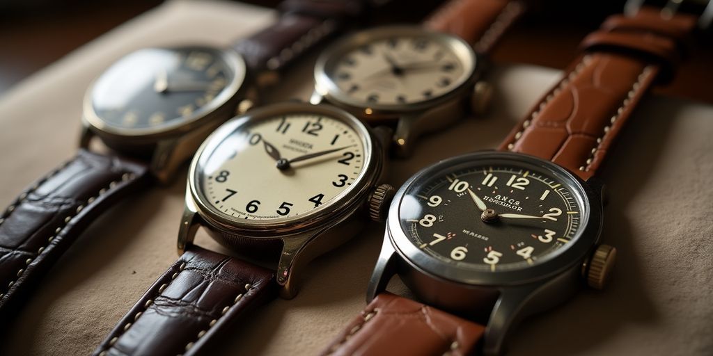 Collection of vintage watches on a textured surface.