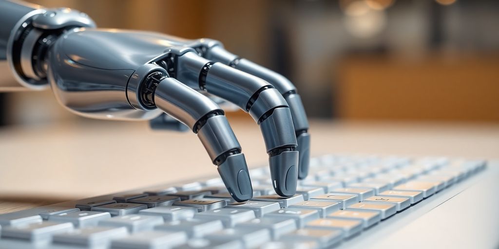 Robotic hand typing on a translucent keyboard