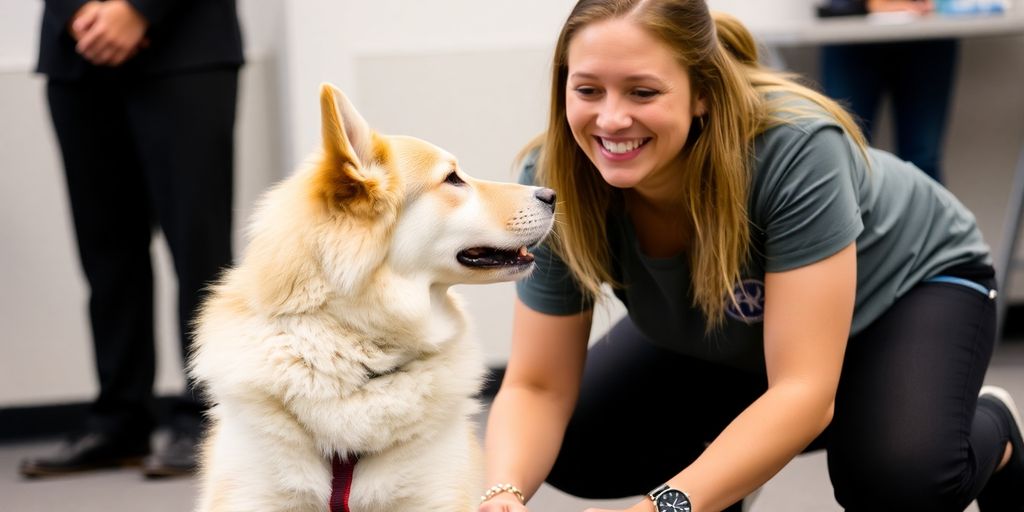 Dog trainer with happy dog in training session.