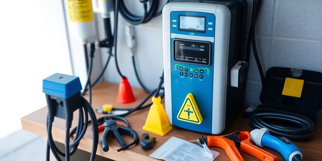 Close-up of EV charging station installation tools and wiring.