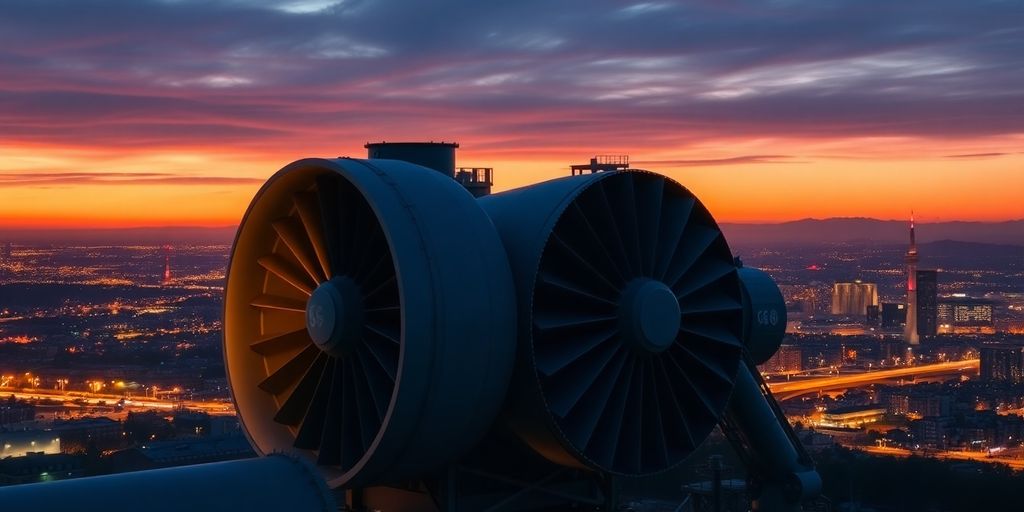 GE turbine powering a city skyline at dusk.