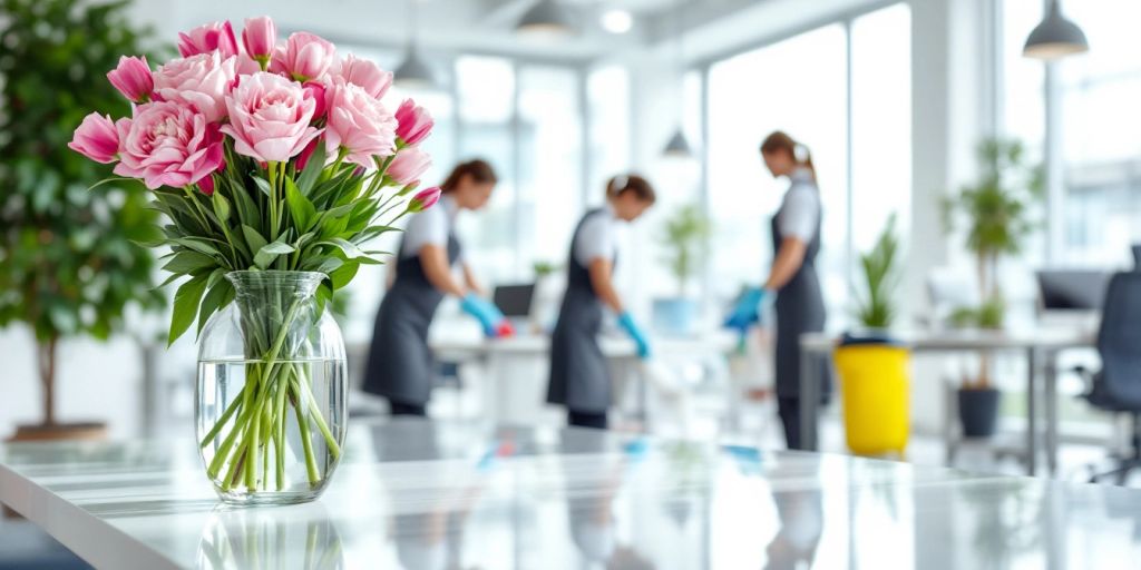 Professional cleaners tidying up a bright office space.