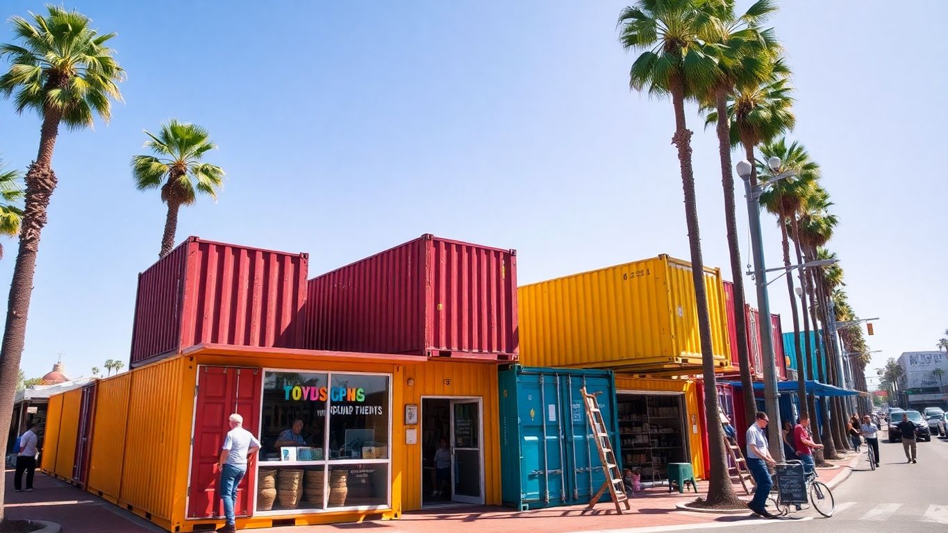 Colorful shipping containers, pop-up shops, sunny Los Angeles street.